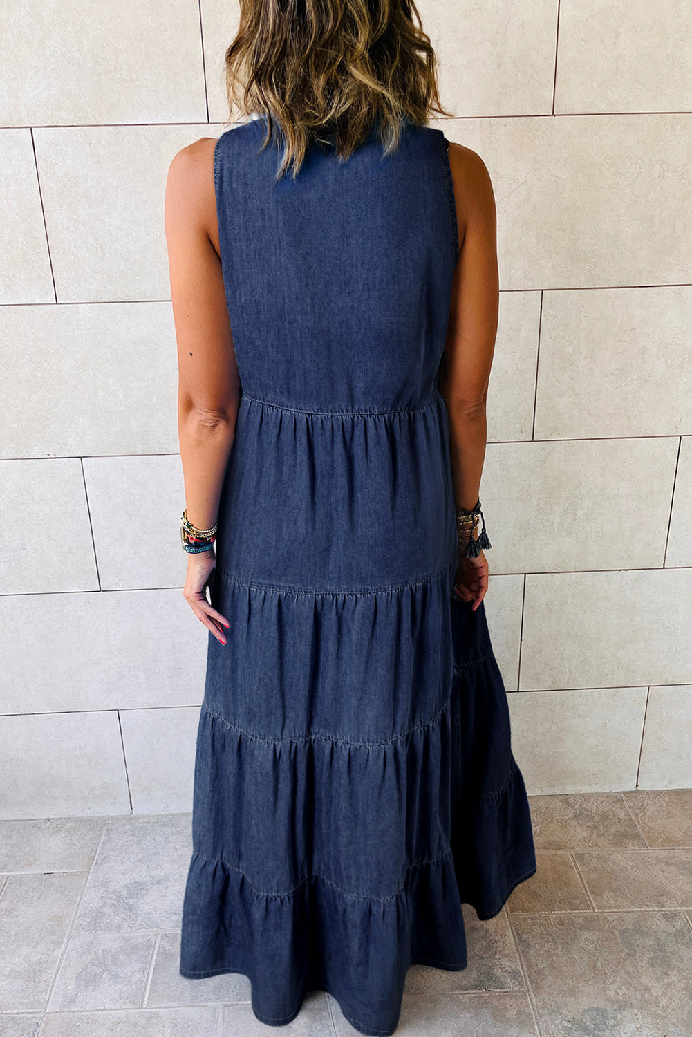 Sleeveless Tiered Chambray Maxi Dress | Real Teal