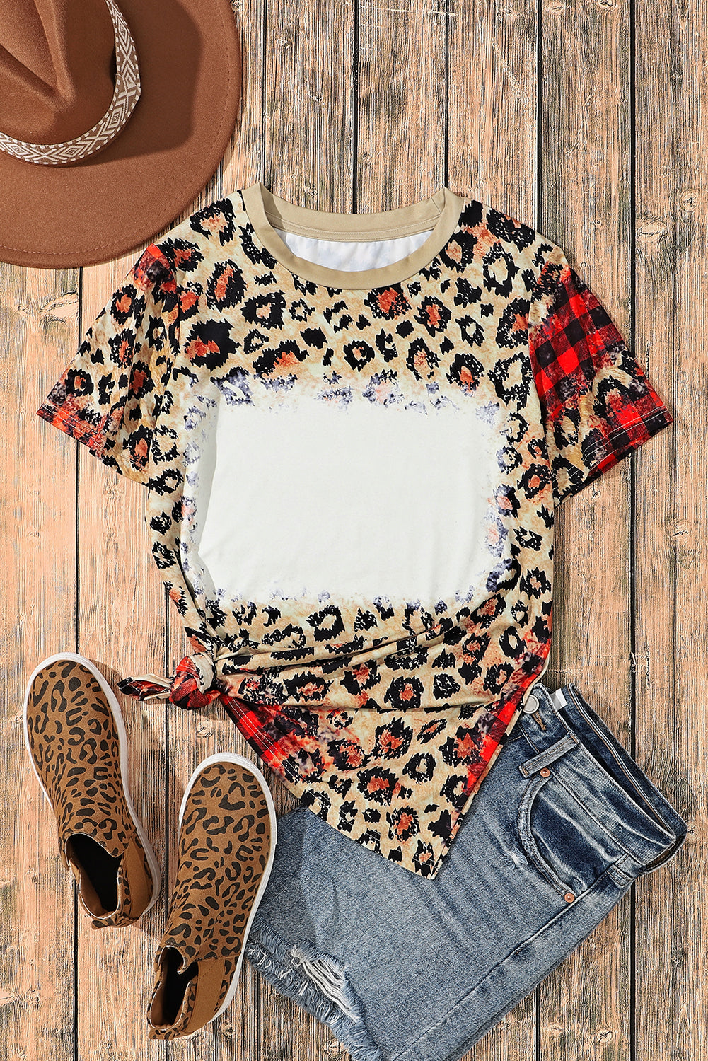 Plaid Bleached  Print Short Sleeve T Shirt | Leopard