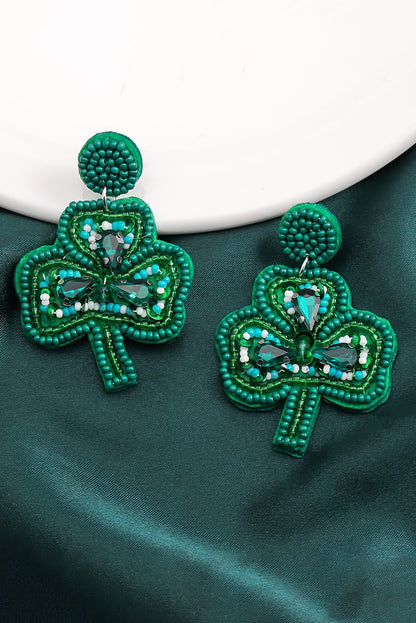 St Patrick Shamrock Rice Beaded Stud Earrings | Blackish Green