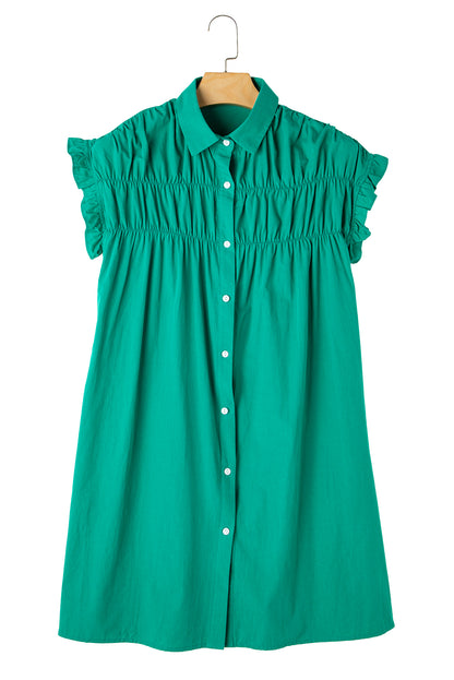 Shirred Ruffle Sleeve Button Up Short Dress | Bright Green