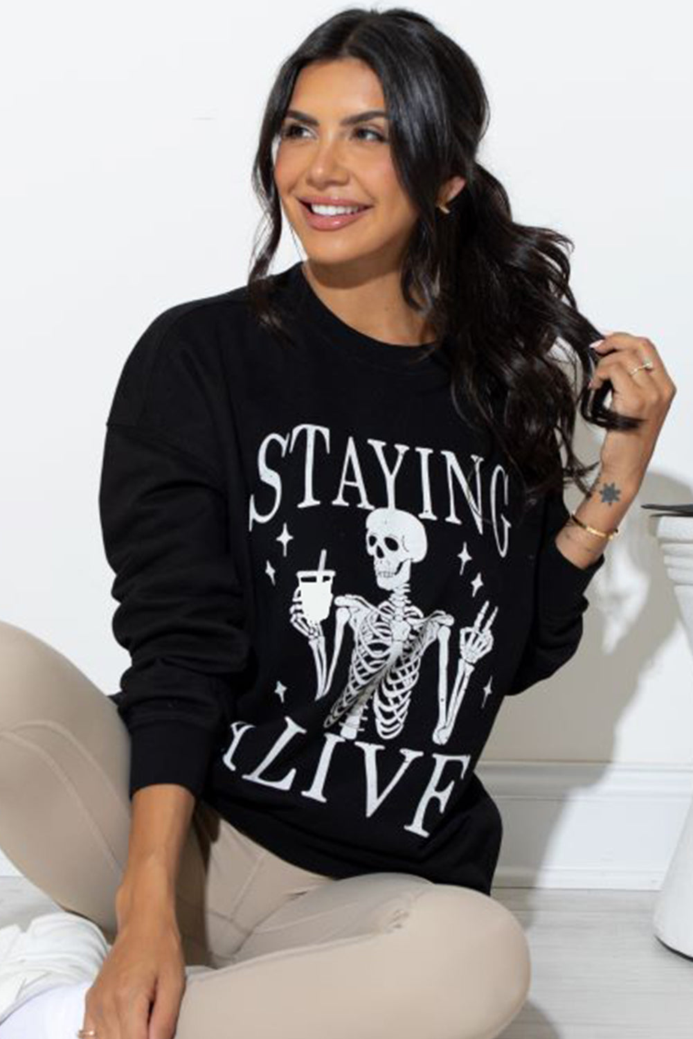 Staying Alive Skull Graphic Crewneck Halloween Sweatshirt | Black