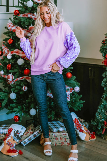 Sequin Patchwork Long Sleeve Pullover Top | Orchid Petal