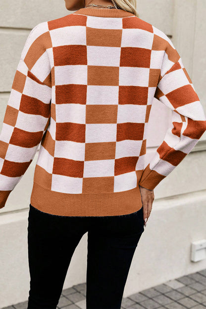 Checkered Ribbed Edge O Neck Drop Shoulder Sweater | Orange