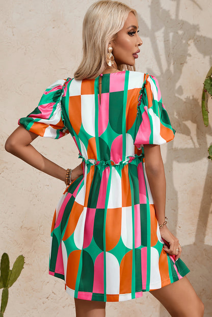 Abstract Print Puff Sleeve Short Dress | Green