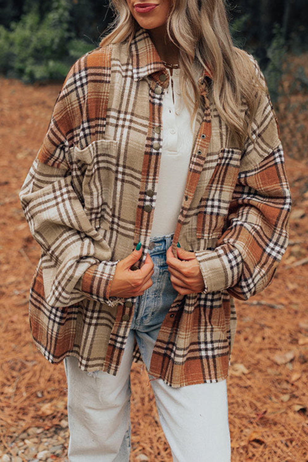 Plaid Colourblock Patchwork High Low Shacket | Khaki