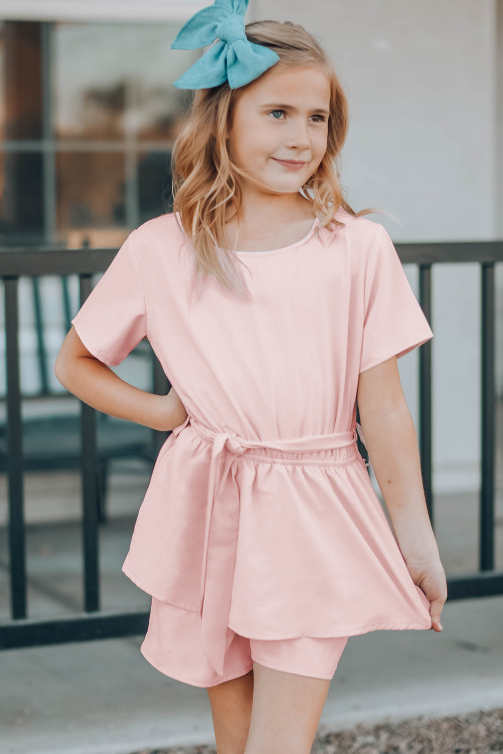 Keyhole Back Belted Peplum Girls Romper | Pink