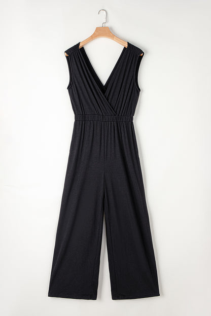 Deep V Pleated Crisscross Wide Leg Backless Jumpsuit | Black