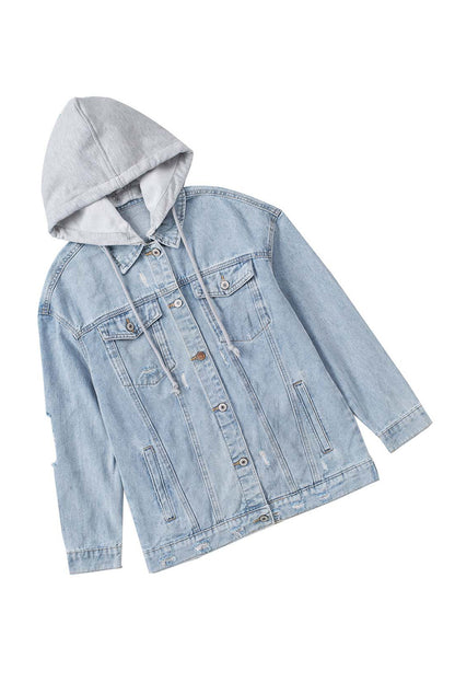 Button Closure Ripped Hooded Denim Jacket | Sky Blue