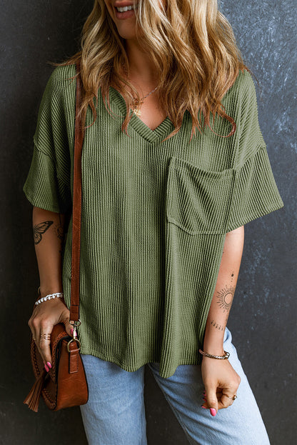 Corded V Neck Chest Pocket Loose T-Shirt | Jungle Green