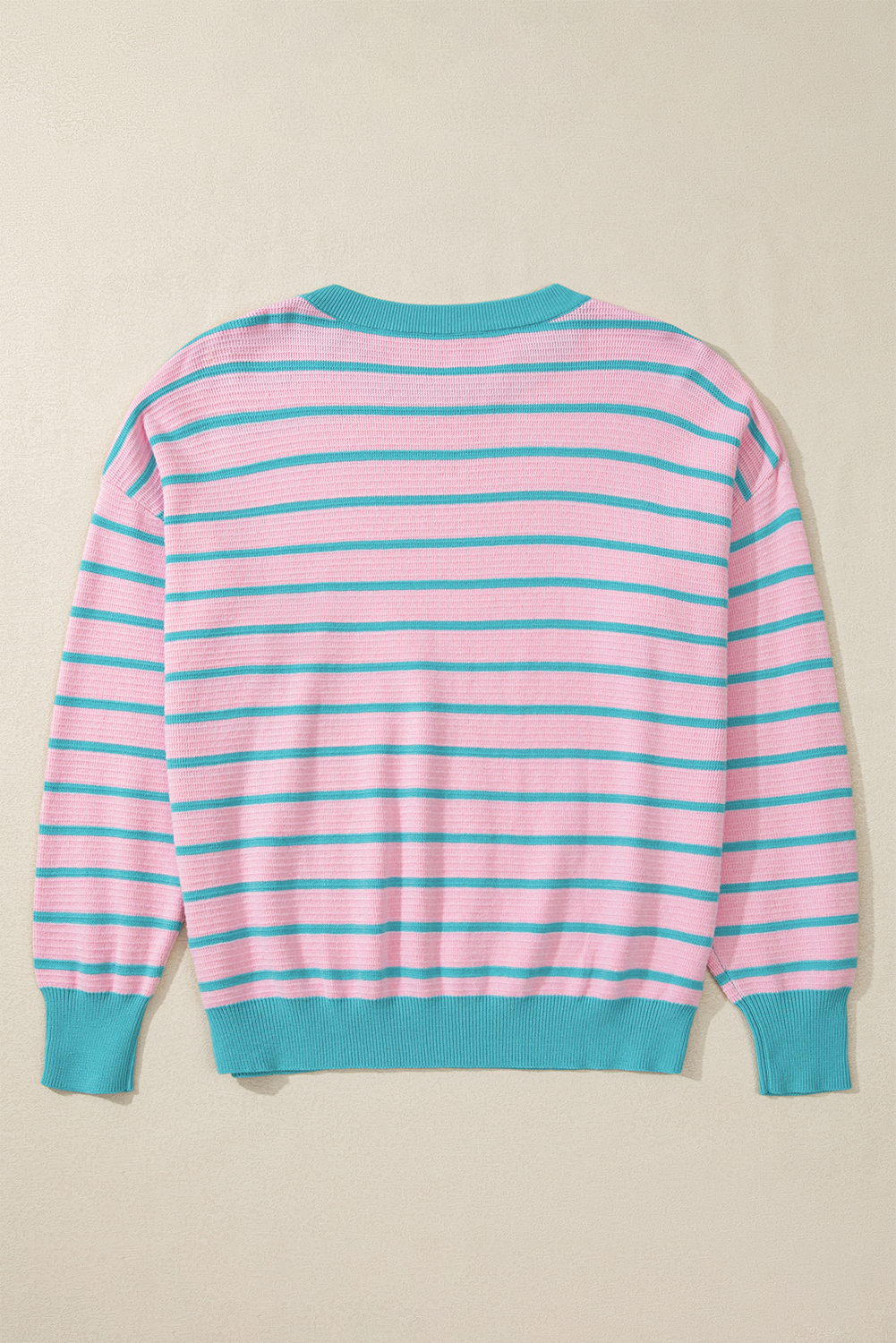 Trimmed Round Neck Drop Shoulder Loose Sweater | Pink Stripe