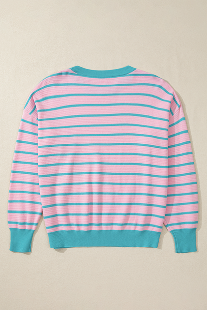 Trimmed Round Neck Drop Shoulder Loose Sweater | Pink Stripe