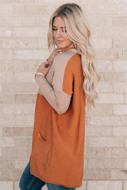 Pocketed Colour Block Patchwork Long Sleeve Top | Orange