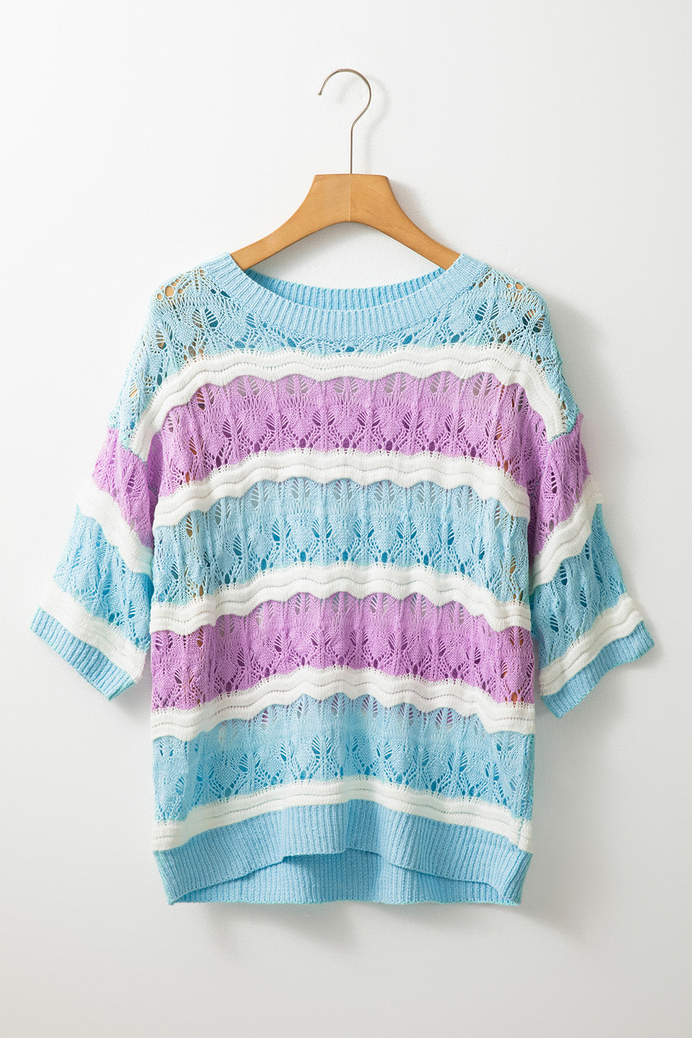 Colour Block Hollow Out Crochet Half Sleeve Sweater | Purple Stripe