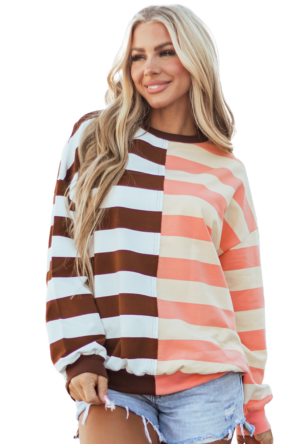 Colour Block Drop Shoulder Pullover Sweatshirt | Brown Stripe