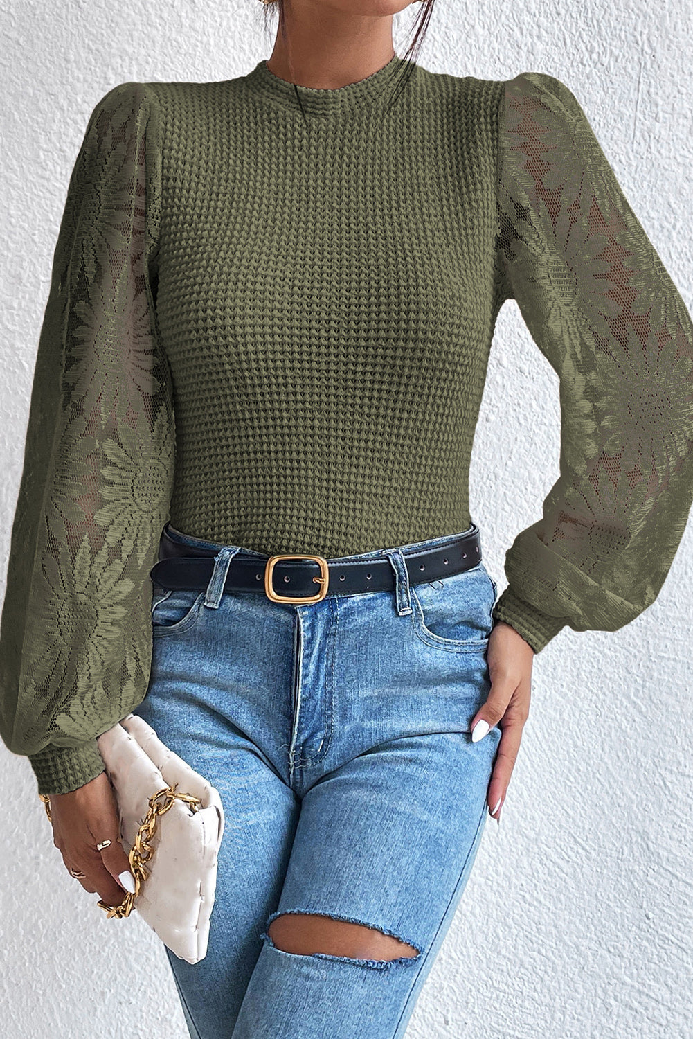 Jungle Green Sunflower Mesh Bubble Sleeve Waffle Knit Top