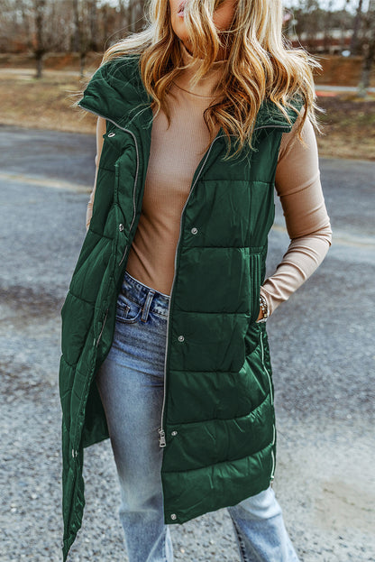 Hooded Long Quilted Vest Coat | Green