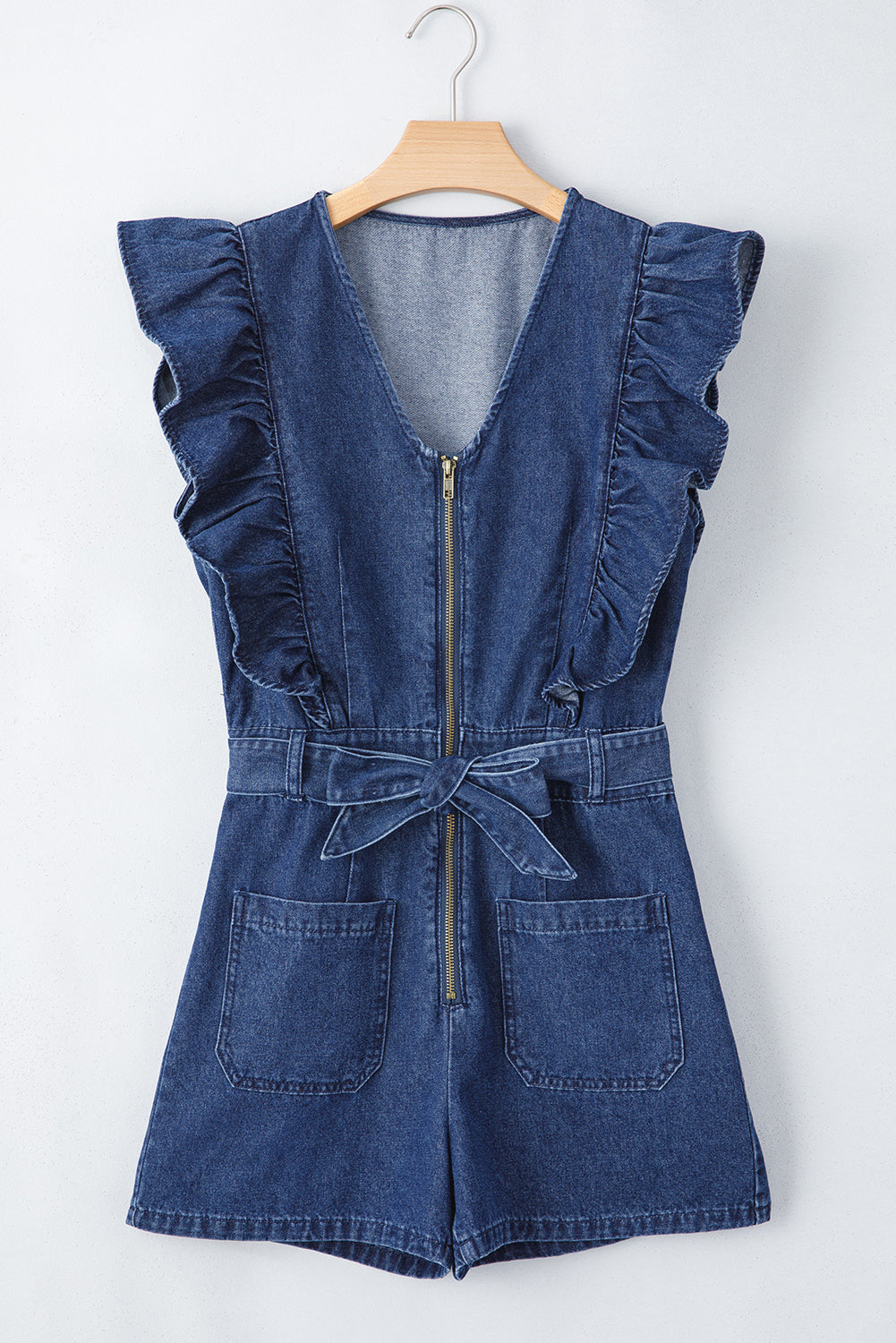 Denim Ruffled Zipped Front Belted Romper | Sail Blue