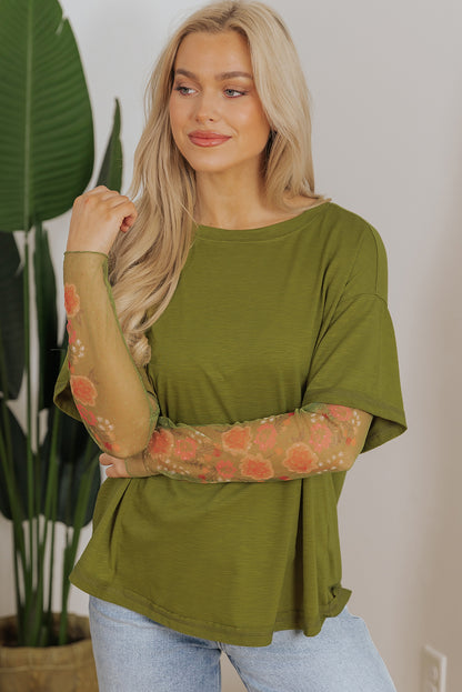 Faux Two Piece Floral Long Sleeve Patchwork Tee | Fern Green