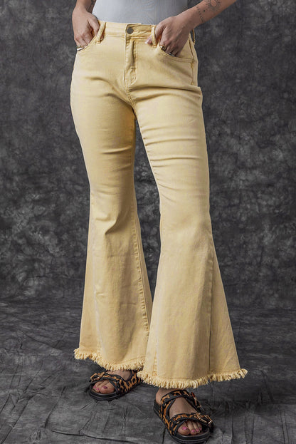 Raw Edge Mid Waist Flared Jeans | Khaki