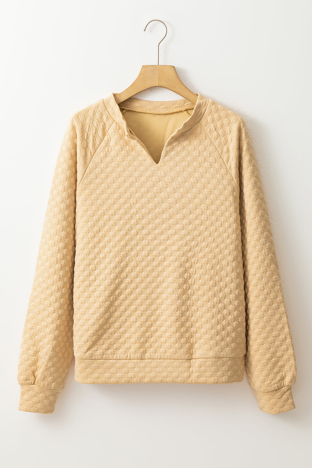 Split Neck Quilted Long Sleeve Top | Khaki