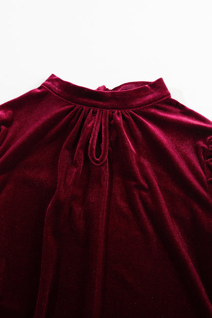 Fiery  Mock Neck Puff Sleeve Velvet Blouse | Red