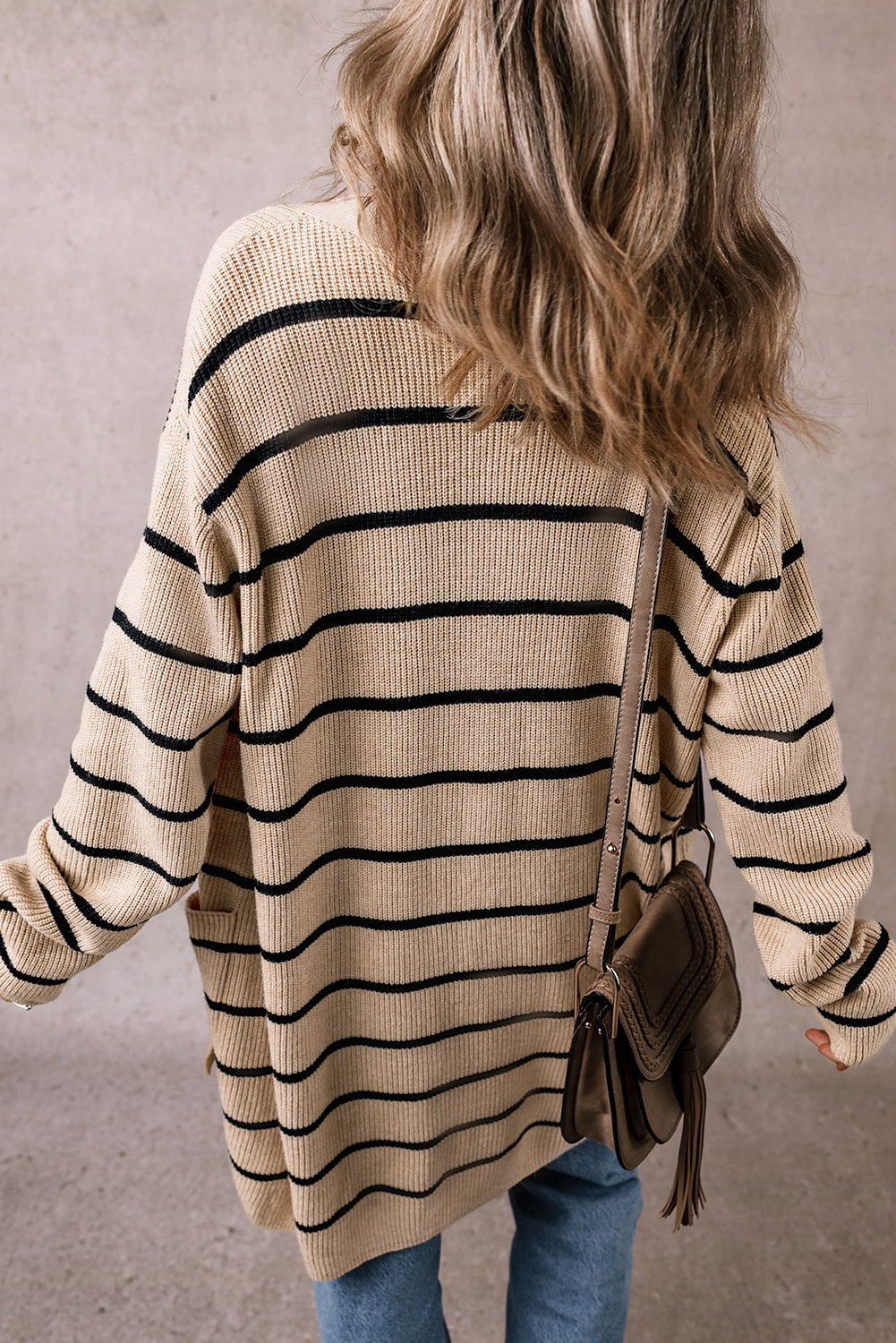 Shawl Neckline Open Cardigan With Pockets | Black Stripe