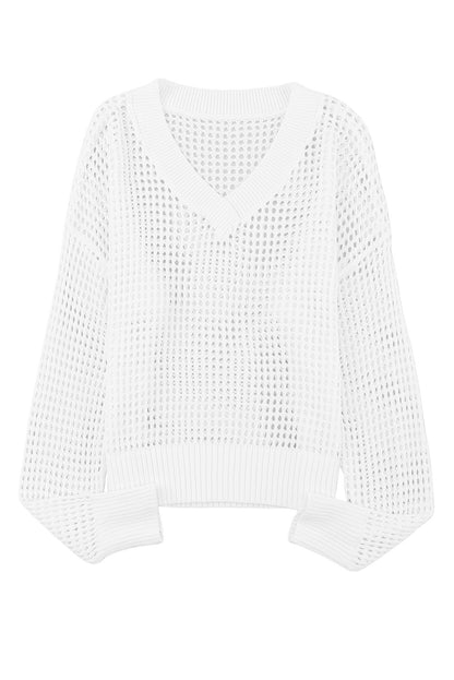 Hollow Out Knitted Loose Fit V Neck Sweater | White