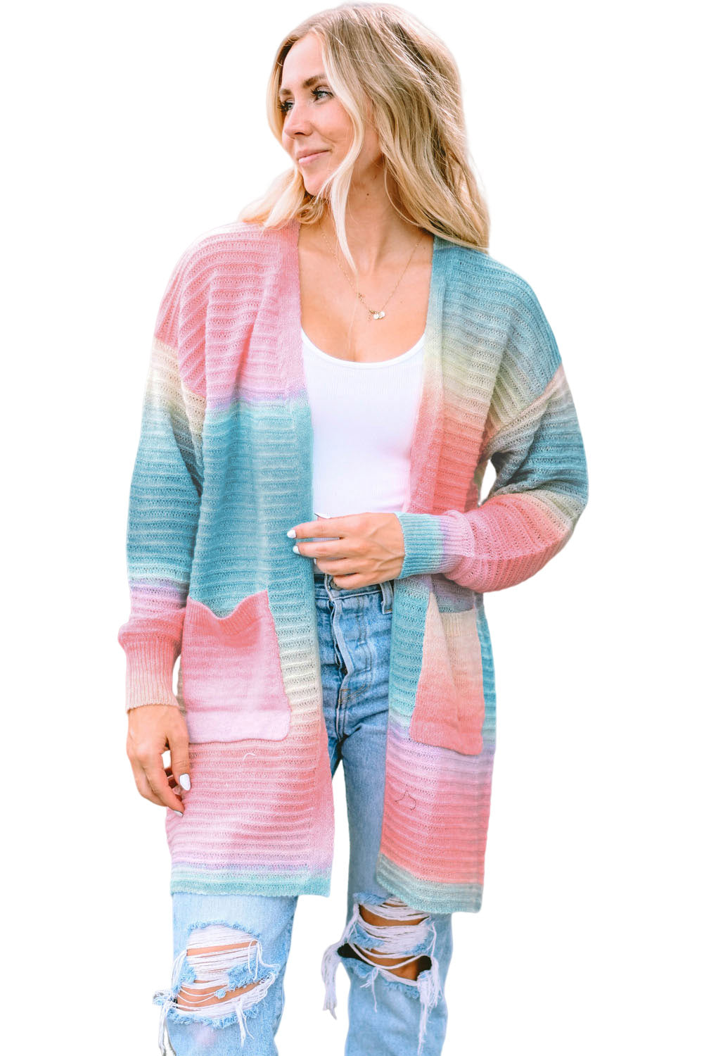 Gradient Knit Open Cardigan With Pockets | Green