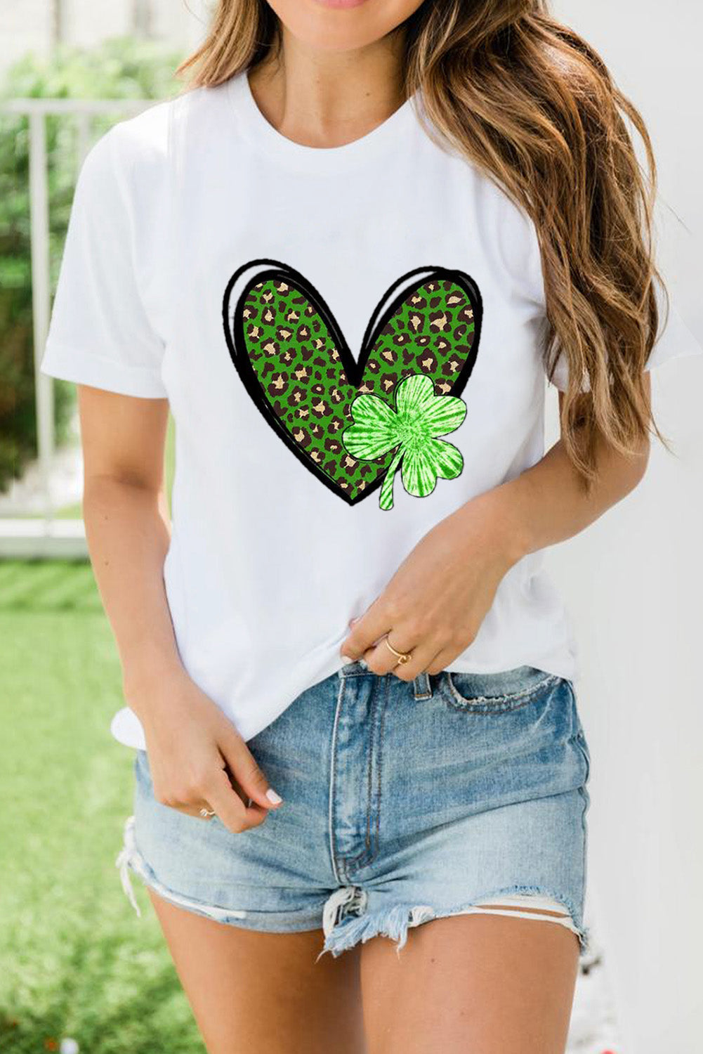 Clover Leopard Heart Shaped Print Crewneck Graphic Tee | White