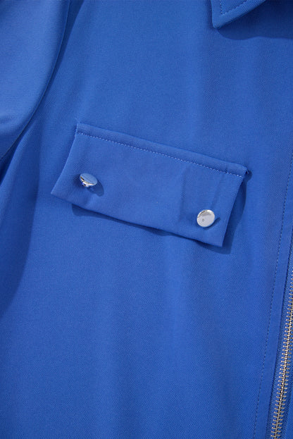 Collar Tab Sleeve Zip Up Flap Detail Jacket | Dusk Blue