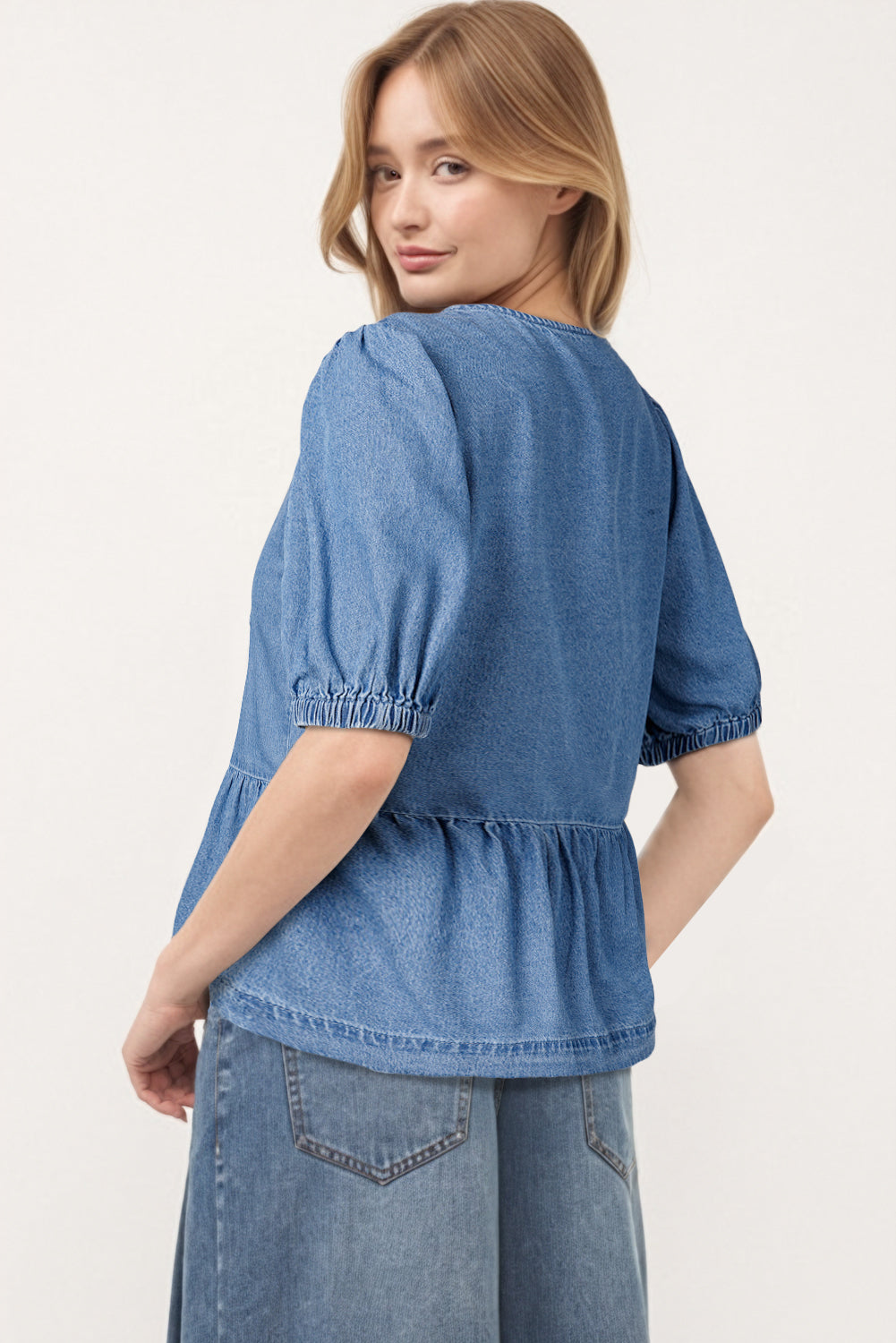 Tied Front Bubble Sleeve Peplum Denim Shirt | Dusk Blue