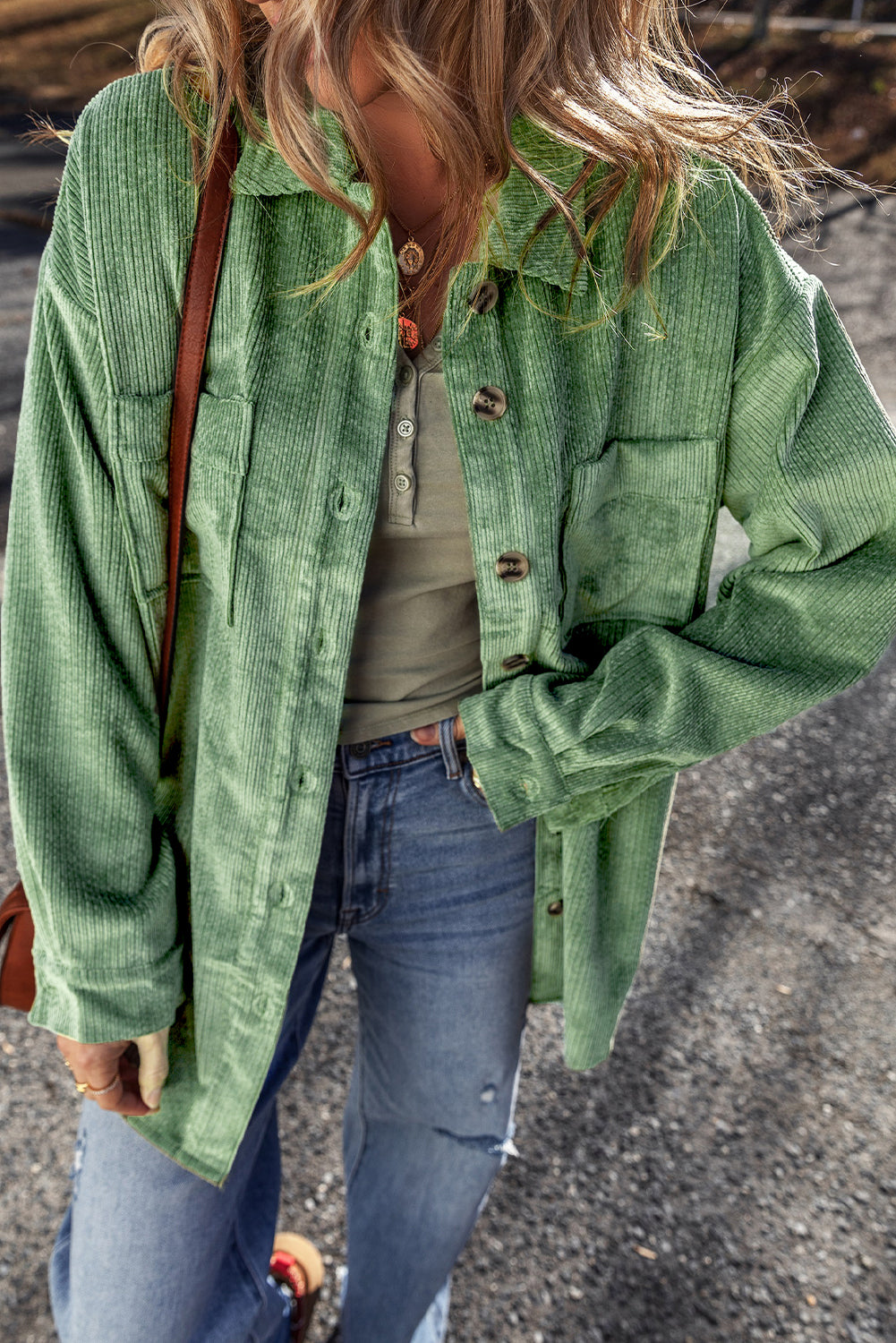 Patched Pocket Button Up Corduroy Shacket | Mist Green