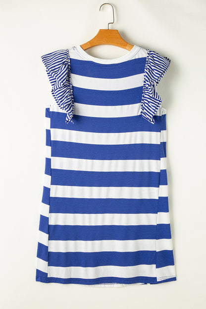 Contrast Ruffled Sleeve T-Shirt Dress | Sky Blue Stripe