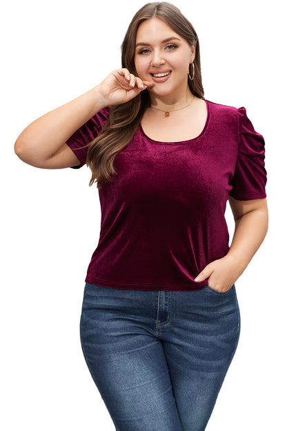 Velvet Bubble Sleeve U Neck Plus Size Top | Burgundy