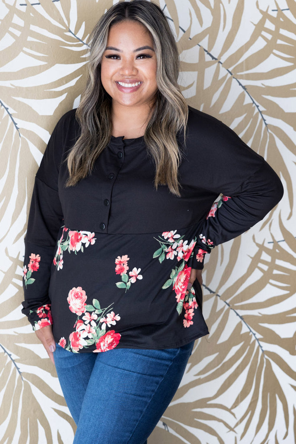 Plus Size Floral Printed Splicing Half Button Top | Black