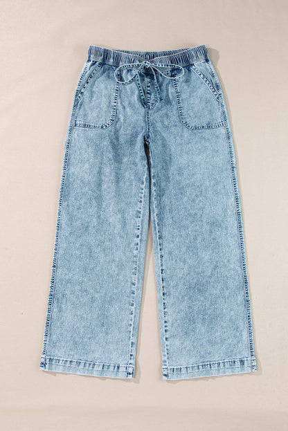 Mineral Wash Drawstring Waist Loose Straight Denim Pants | Myosotis