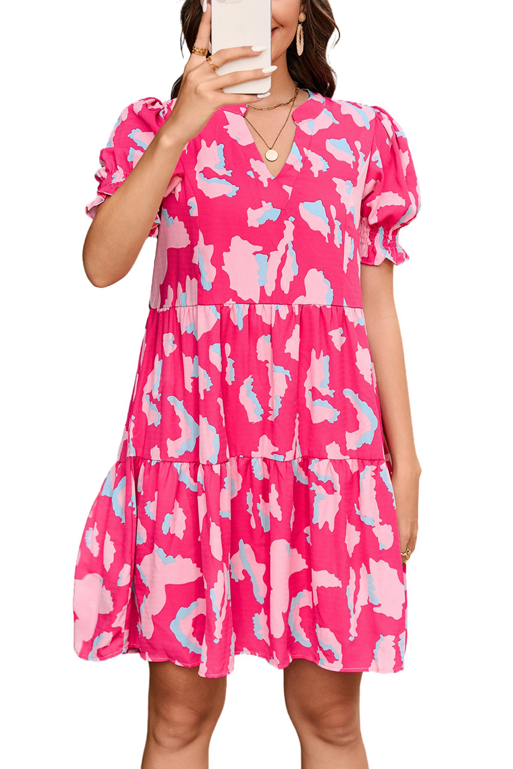 Abstract Printed Puff Short Sleeve Tiered Loose Dress | Pink