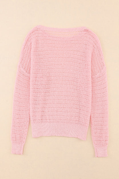 Knitted Eyelets Round Neck Long Sleeve Top | Pink