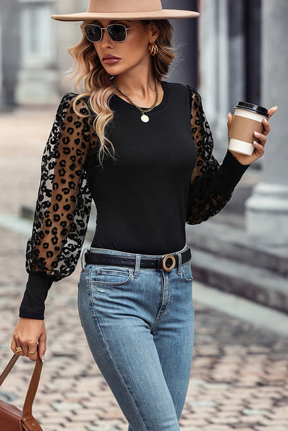 Leopard Mesh Puff Sleeve Patchwork Slim Fit Top | Black