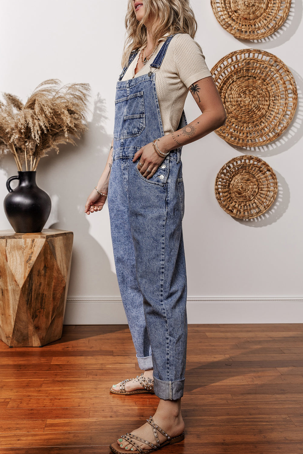 Denim Bib Straight Leg Jumpsuit With Pockets | Sail Blue