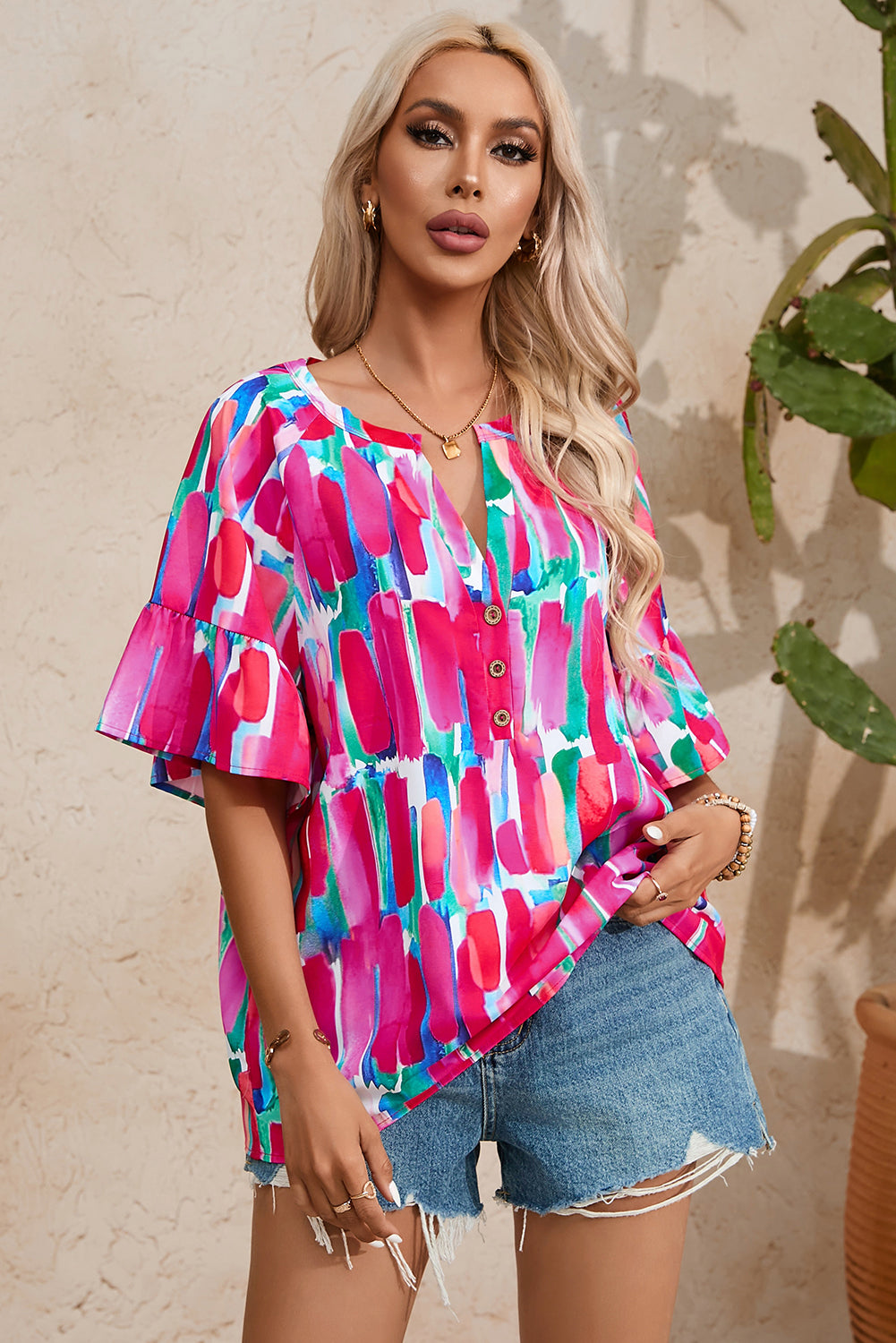 Abstract Brushwork Print Buttoned V Neck Blouse | Rose