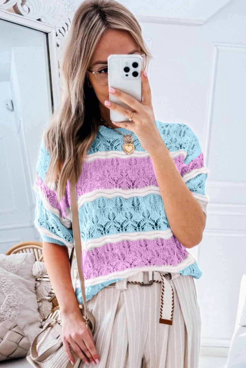 Colour Block Hollow Out Crochet Half Sleeve Sweater | Purple Stripe