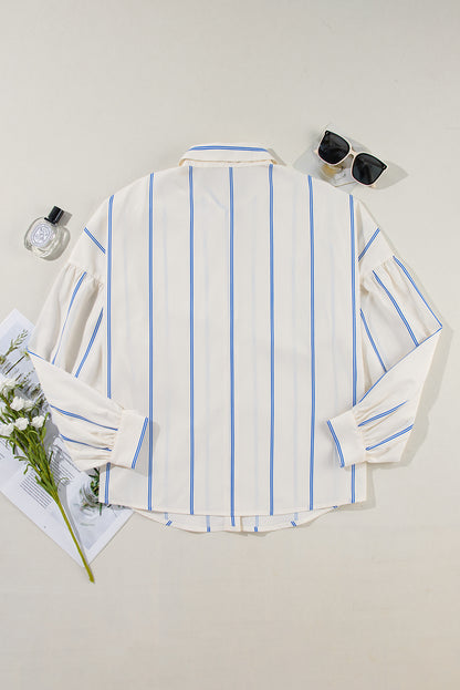 Drop Shoulder Bubble Sleeve Loose Shirt | Sky Blue Stripe