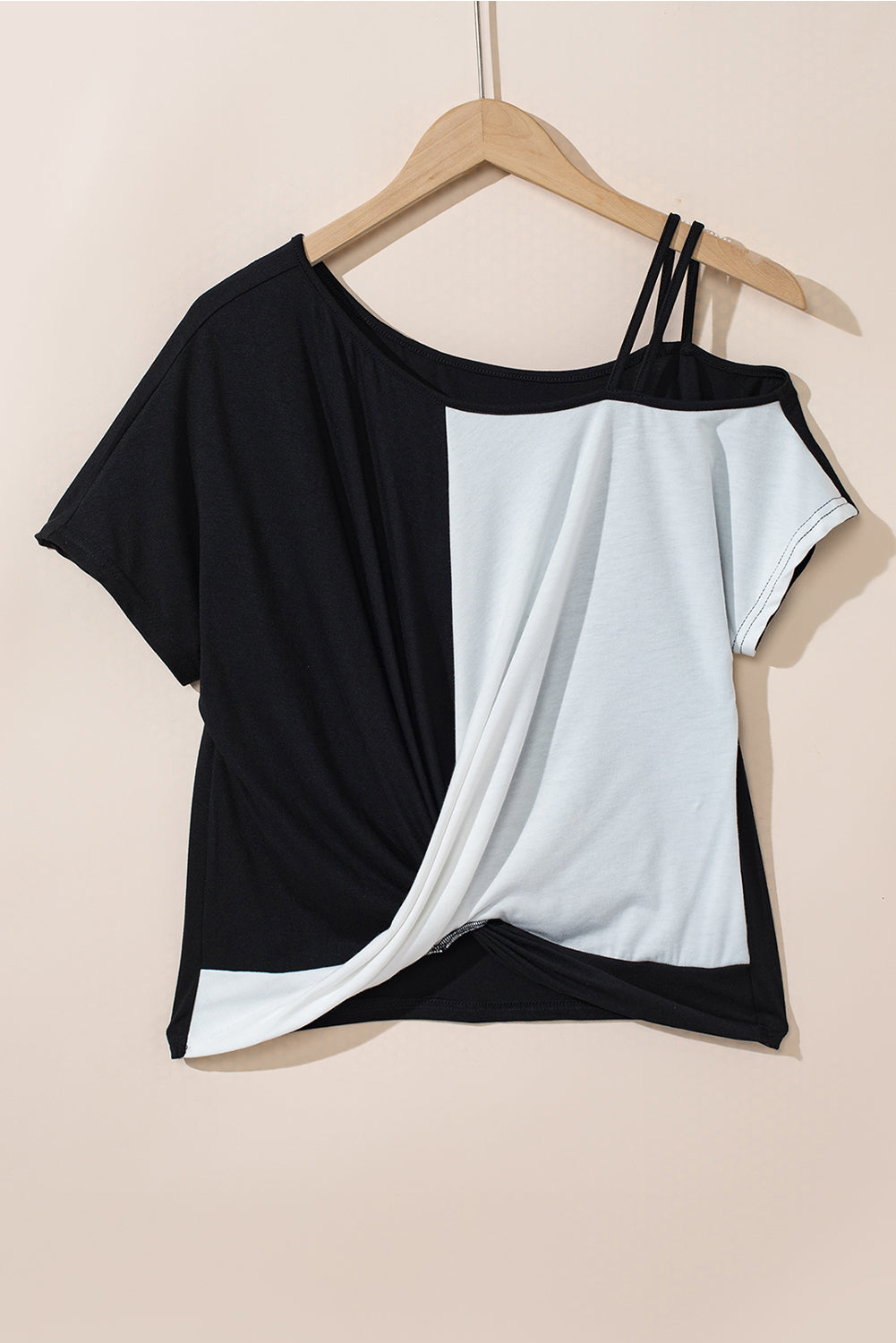 Asymmetric Colourblock Strappy Cold Shoulder Twist Hem Top | Black