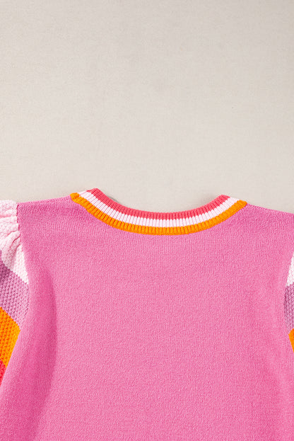 Contrast Flutter Sleeves Knitted Sweater T Shirt | Bright Pink