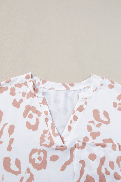 Plus Size Leopard Print V Neck Short Sleeve Top | White