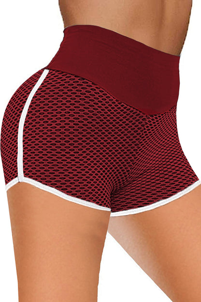 Burgundy High Waist Honeycomb Contrast Stripes Butt Lifting Yoga Shorts | Red