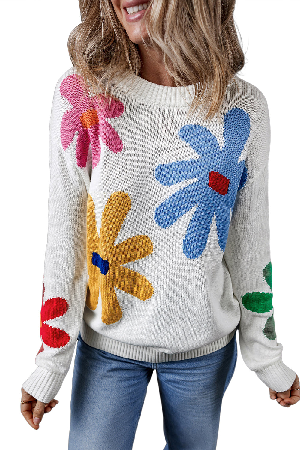 Colourful Big Flower Pattern Crewneck Sweater | White