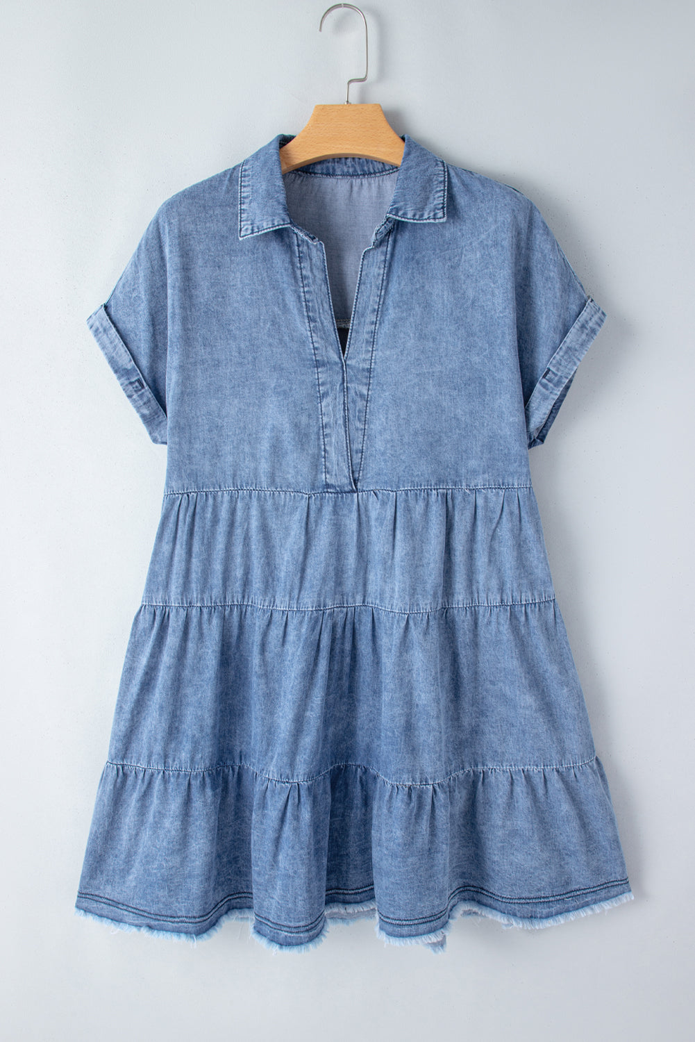 Acid Wash V Neck Tiered Denim Dress | Sky Blue