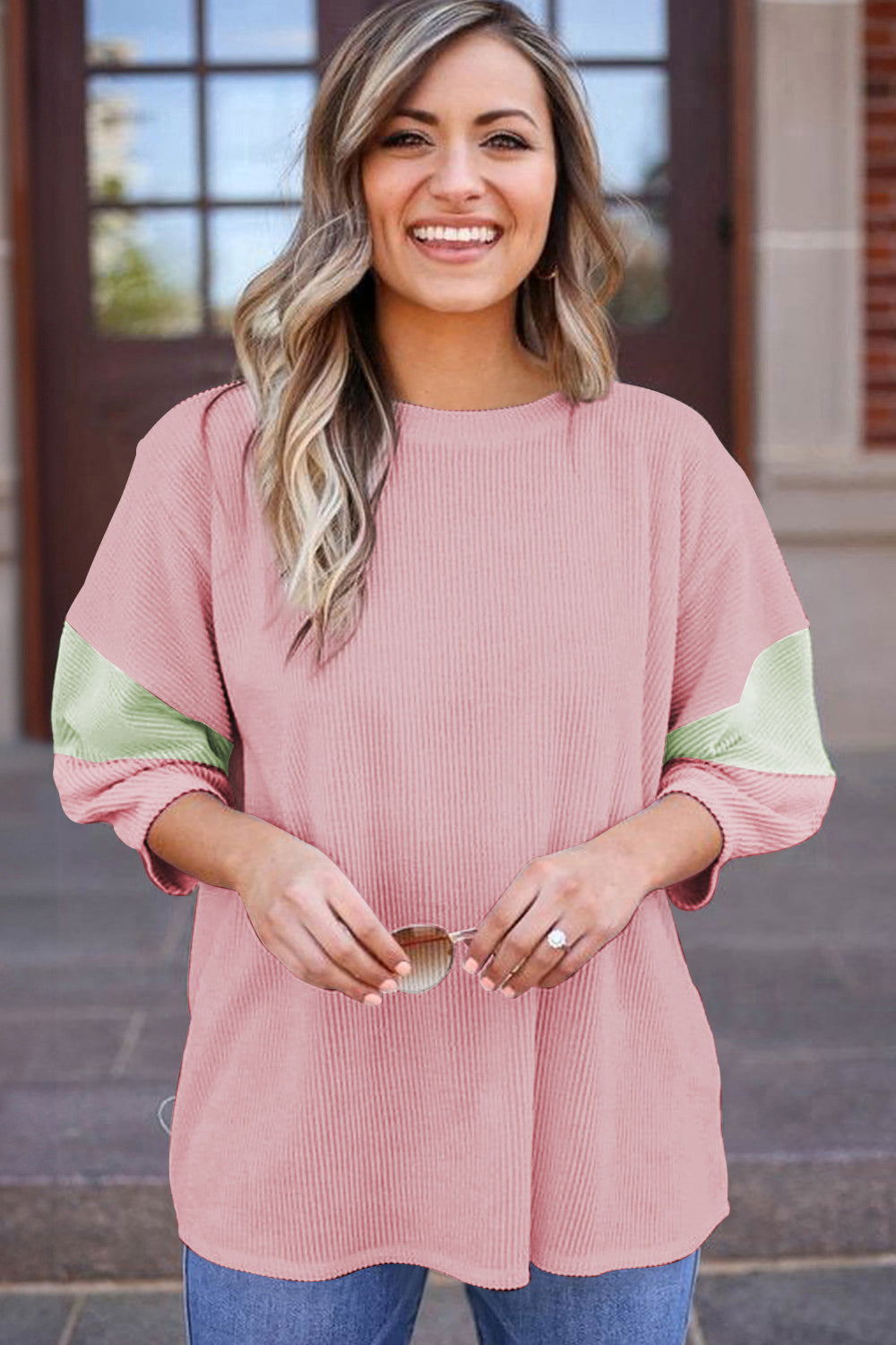 Colour Block Ribbed Knit Quarter Sleeve Top | Light Pink